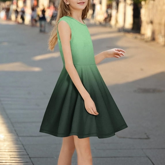 Sleeveless Dresses for Big Girls Size 3-14 Teens Kids Trendy Gradient Printed Crewneck Pullover A-Line Dance Midi Dress 2025