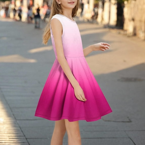 Sleeveless Dresses for Big Girls Size 3-14 Teens Kids Trendy Gradient Printed Crewneck Pullover A-Line Dance Midi Dress 2025
