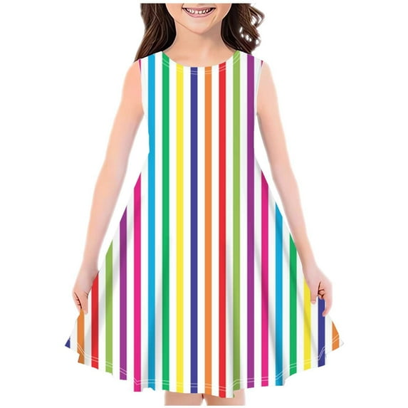 Sleeveless Dresses for Girls 6-7 Dress Size Striped Summer Casual Cotton Ruffle Sundress Back to School Clothes, Pink, 5 Years