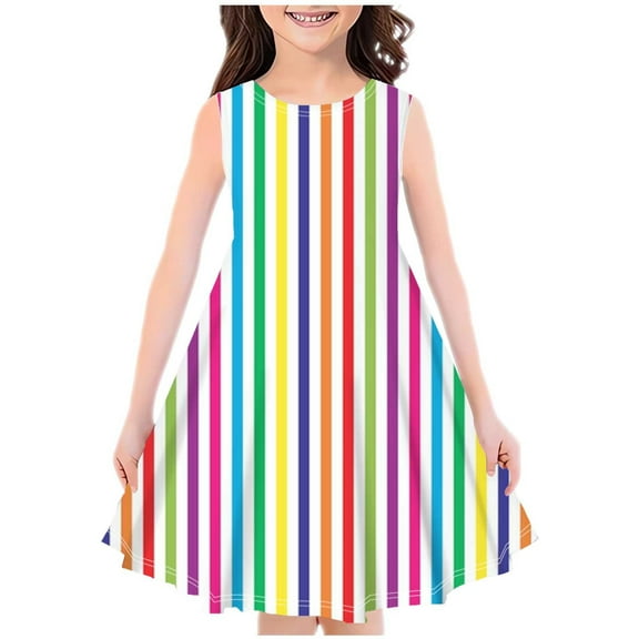 Sleeveless Dresses for Girls 6-7 Dress Size Striped Summer Casual Cotton Ruffle Sundress Back to School Clothes, Pink, 5 Years