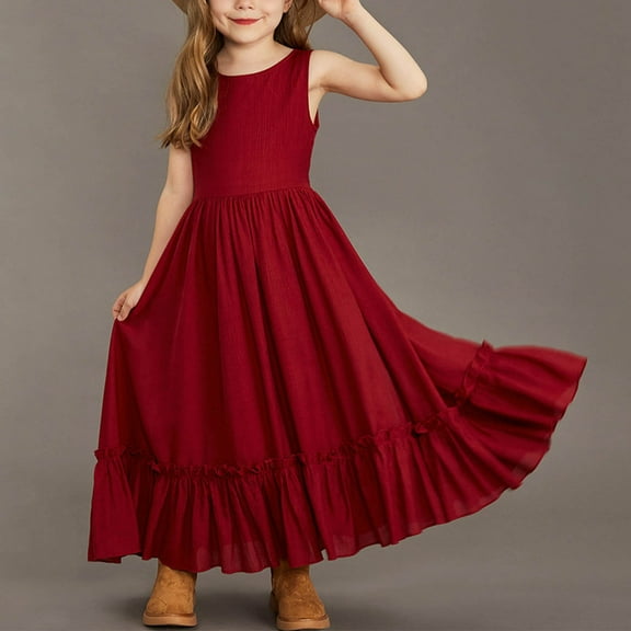 Sleeveless Dresses for Girls Cotton A-Line Sundresses 3-12 Years Toddlers Kids Trendy Solid Color Crewneck Ruffle Prom Long Maxi Dress