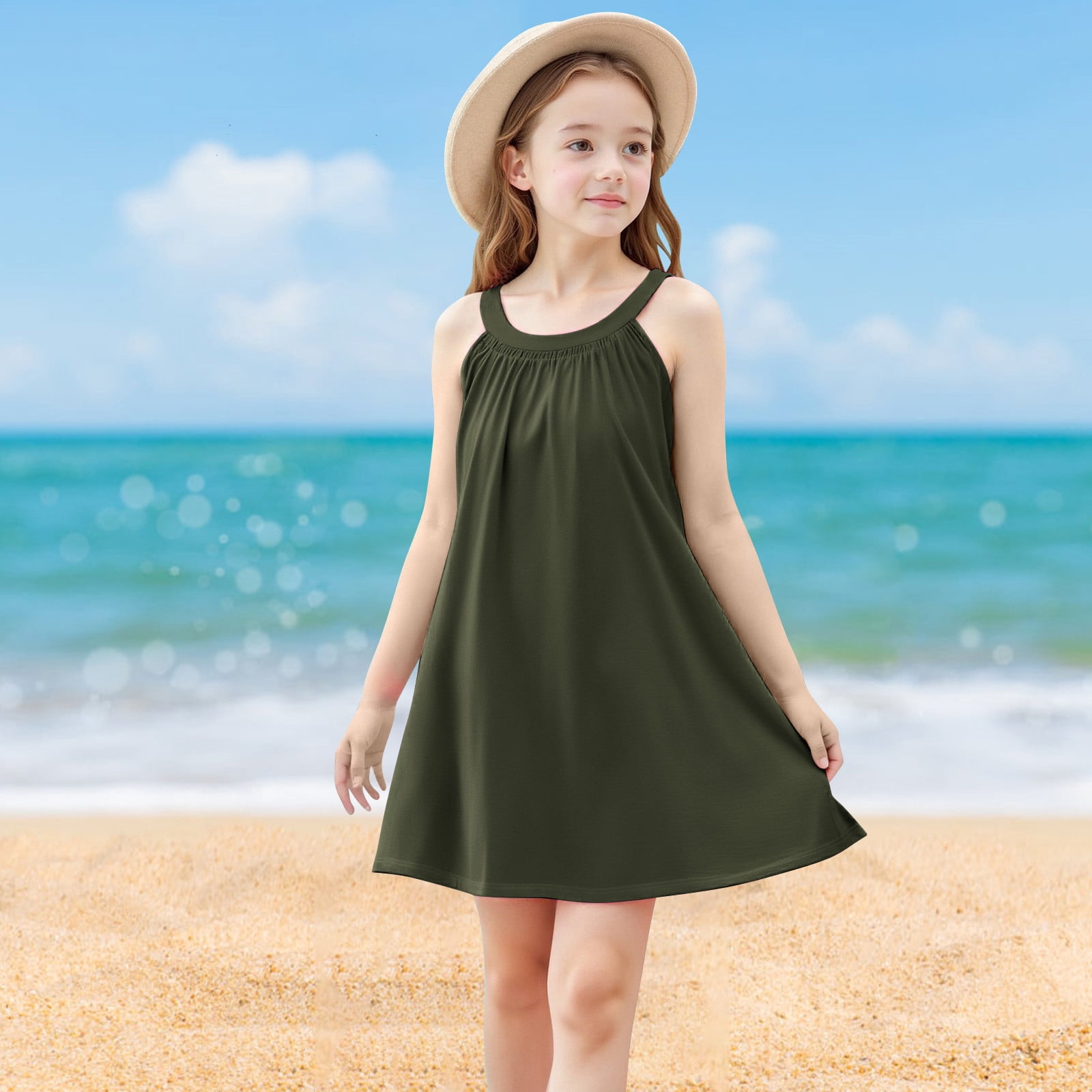 cute beach dresses for juniors Sleeveless Girls Sundresses Size 4-15 Teens Kids Trendy Solid Color Loose Pullover Going Out Dress Summer 34/6X
