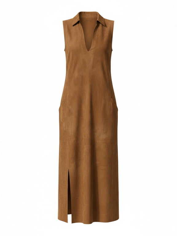 Sleeveless Faux Suede Style Collared Maxi Dress Notch V Neck with Pockets Side Slit Elegant Shift Gown for Urban Office and Weekend Brunch
