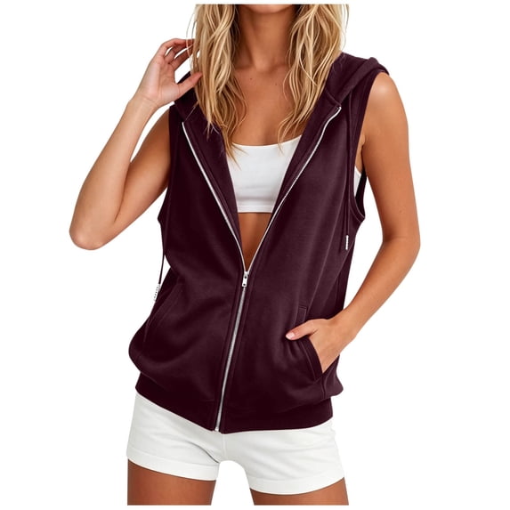 Sleeveless Fleece Hoodie Women Lightweight Zip-up Jackets Vests Drawstring Solid Color Loose Casual Sweatshirt with Side Pockets Wine 3XL