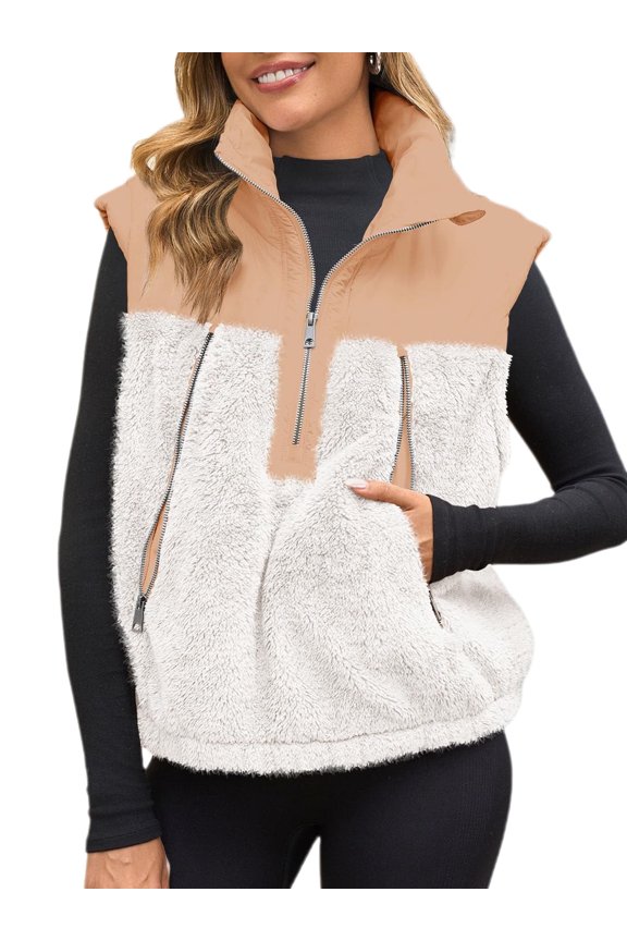 Sleeveless Fleece Sherpa Patchwork Vest Coat Women Winter Casual Half Zipper Jacket Coat