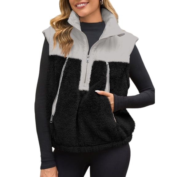 Sleeveless Fleece Sherpa Patchwork Vest Coat Women Winter Casual  Half Zipper Jacket Coat