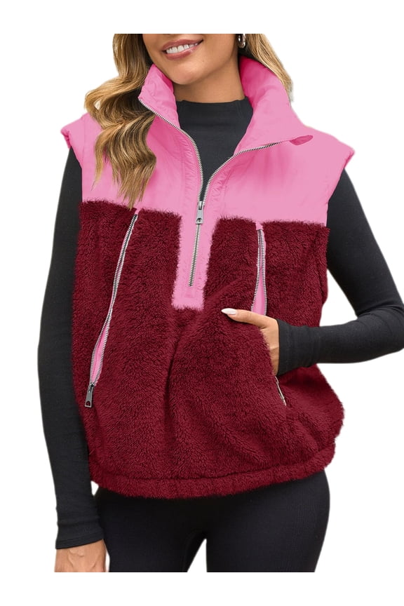 Sleeveless Fleece Sherpa Patchwork Vest Coat Women Winter Casual  Half Zipper Jacket Coat