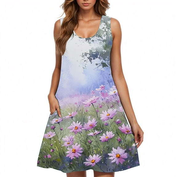Sleeveless Floral Sundress for Women Summer Casual Swing Dress A Line Lightweight Tank Dress