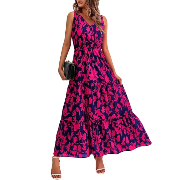 Sleeveless Garden Party Dresses for Women Elegant V Neck Tiered Floral Maxi Dress Casual Summer A Line Long Sundress