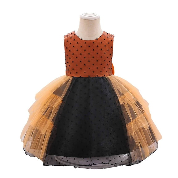 Sleeveless Halloween Dress Toddler Baby Girl Swiss Dot Tulle Tutu Dresses Zipper Back Bowknot Kids Gift Fashion Dress, Orange, 0 Years