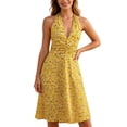 thumbnail image 1 of Sleeveless Halter Bohemian Dress Floral Pocket Elastic Waist Pleated Casual Skirt Yellow XXL, 1 of 6