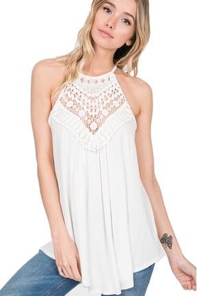 Sleeveless Halter Neck Crochet Lace Top Keyhole Back (1X, Off-White)