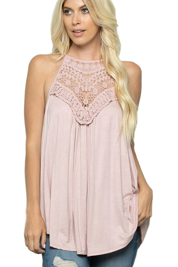 Sleeveless Halter Neck Crochet Lace Top Keyhole Back (Small, Blush)