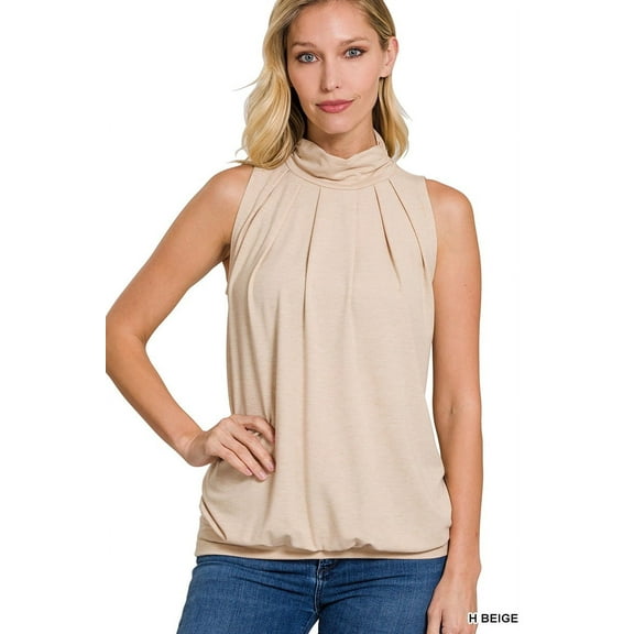 Sleeveless High Neck Mock-TurtleNeck PLEATED TOP WITH WAISTBAND