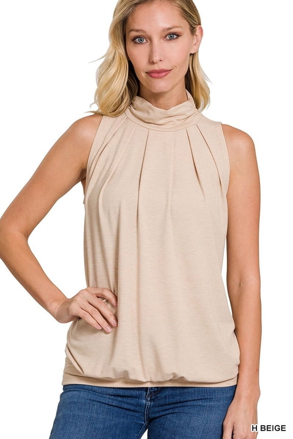 Sleeveless High Neck Mock-TurtleNeck PLEATED TOP WITH WAISTBAND