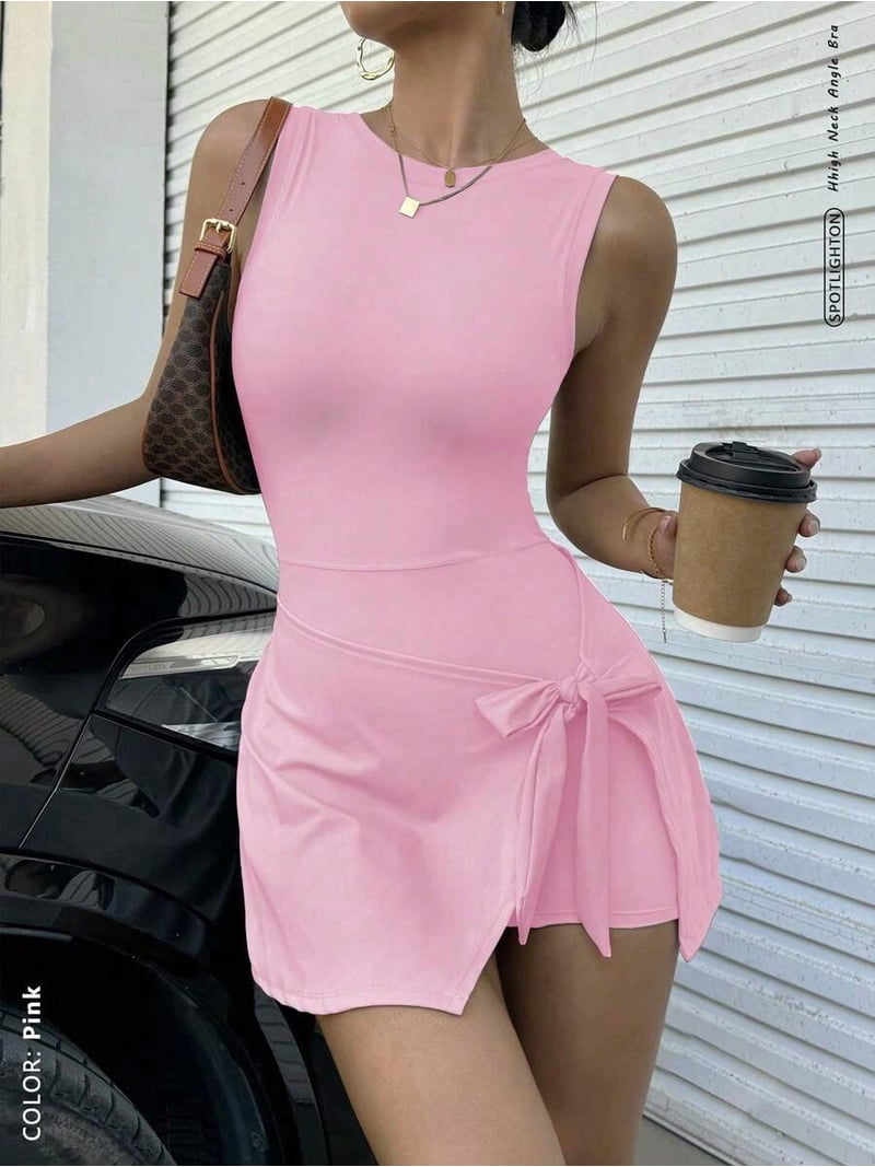 Sleeveless High-Neck Wrap Mini Dress with Bow Tie – Breathable, Cinched Waist, Butt Lift, Sporty Elegant