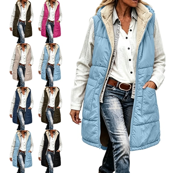 Sleeveless Hooded Puffer Vests for Women,Thick Warm Casual Layering Winter Outerwear Jacket with Pocket,Full Zip Up