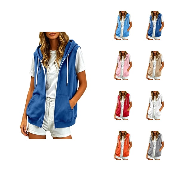 Sleeveless Hoodie Women Summer Fall Casual Zip Up Jacket Hooded Sweatshirt with Pockets Vest Outerwear