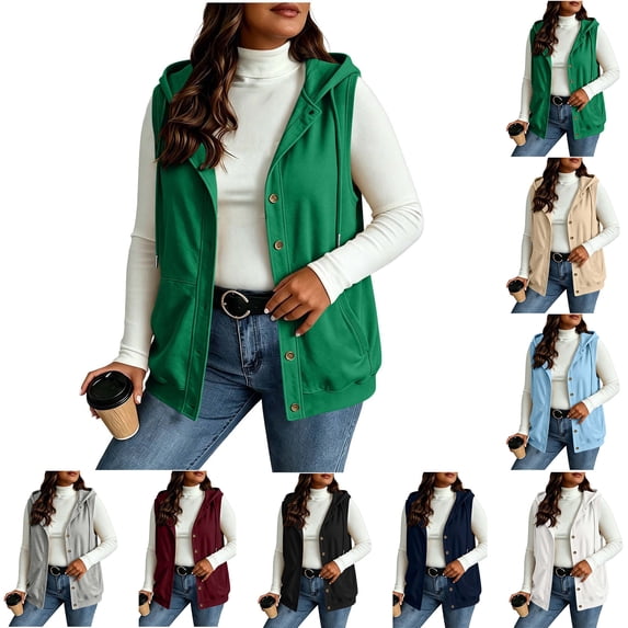 Sleeveless Hoodie Zaewscy Women Hooded Sleeveless Vest Button Front Casual Drawstring Waistcoat with Side Pockets Green L