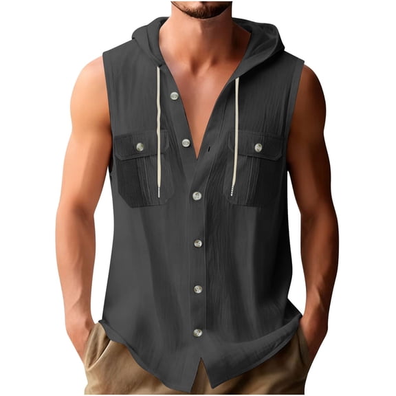 Sleeveless Hoodies for Men Casual Cotton Linen Button Up Hooded Shirts Loose Breathable Drawstring Summer Vacation Beach Tops