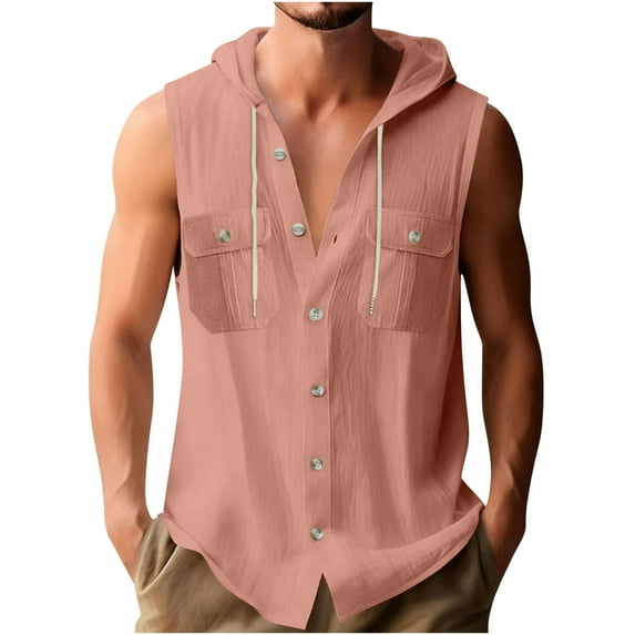 Sleeveless Hoodies for Men Casual Cotton Linen Button Up Hooded Shirts Loose Breathable Drawstring Summer Vacation Beach Tops