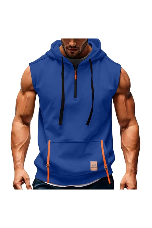 Sleeveless Hoodies for Men Half Zip Color Block Workout Sweatshirt with Pocket Oversized Running Muscle Tops
