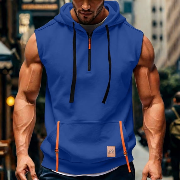 Sleeveless Hoodies for Men with Zipper and Pocket Pullover Tank Tops Mens Casual Solid Color Breathable Streetwear Athletic Workout Vests
