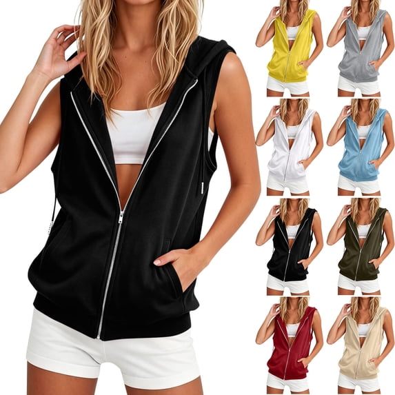 Sleeveless Hoodies for Women Hooded Zip Up Vest Jacket with Pockets, Loose Fit Casual Lightweight Hoodie Tank Tops for Sports