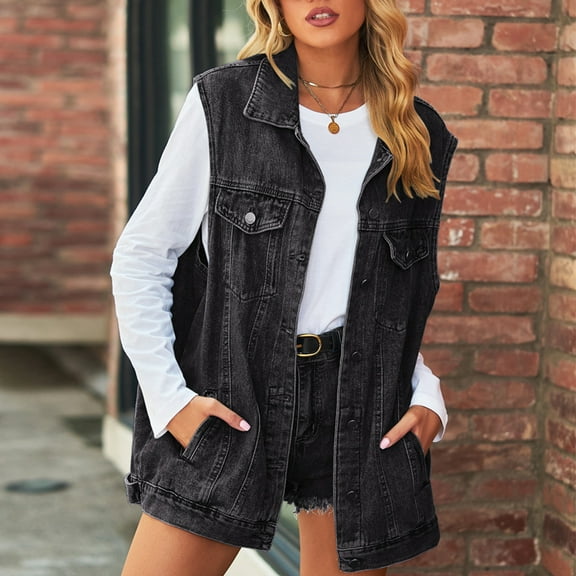 Sleeveless Jean Jacket Women Oversized Vintage Button Denim Vests Trendy Waistcoat with Pockets Streetwear Black L