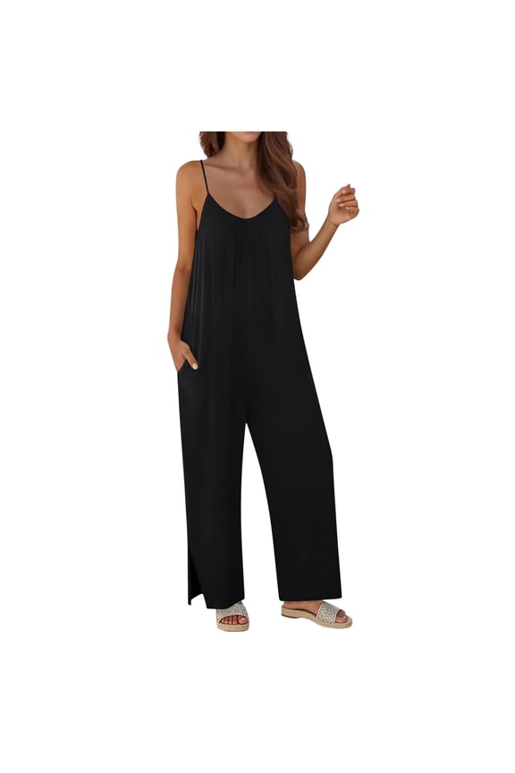 Sleeveless Jumpsuit for Women Wide Leg Spaghetti Strap Romper Lightweight Oversized Overalls Pockets Side Split Summer Vacation Lounge Wear