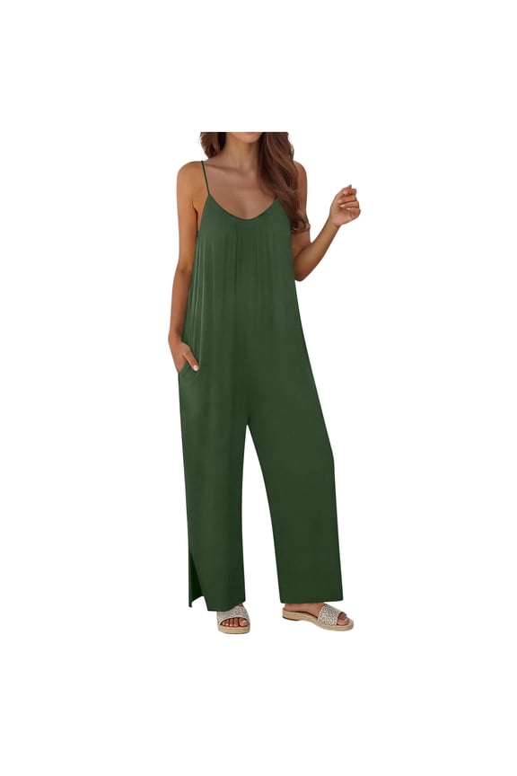 Sleeveless Jumpsuit for Women Wide Leg Spaghetti Strap Romper Lightweight Oversized Overalls Pockets Side Split Summer Vacation Lounge Wear