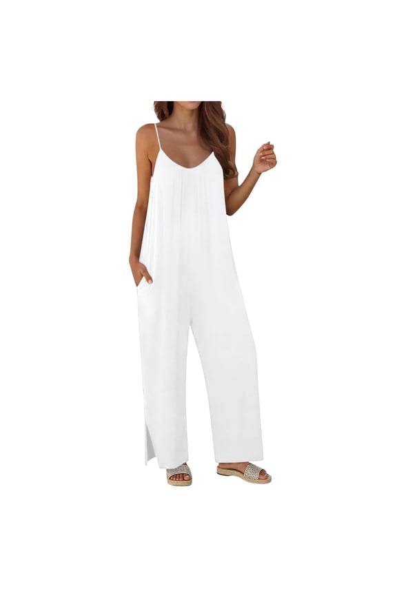 Sleeveless Jumpsuit for Women Wide Leg Spaghetti Strap Romper Lightweight Oversized Overalls Pockets Side Split Summer Vacation Lounge Wear