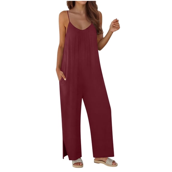 Sleeveless Jumpsuit for Women Wide Leg Spaghetti Strap Romper Lightweight Oversized Overalls Pockets Side Split Summer Vacation Lounge Wear