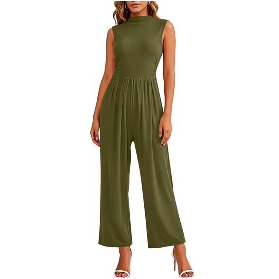 Sleeveless Jumpsuits for Women Dressy Casual Mock Neck Wide Leg Pleated One Piece Rompers Jumpers with Pockets Army Green, XL