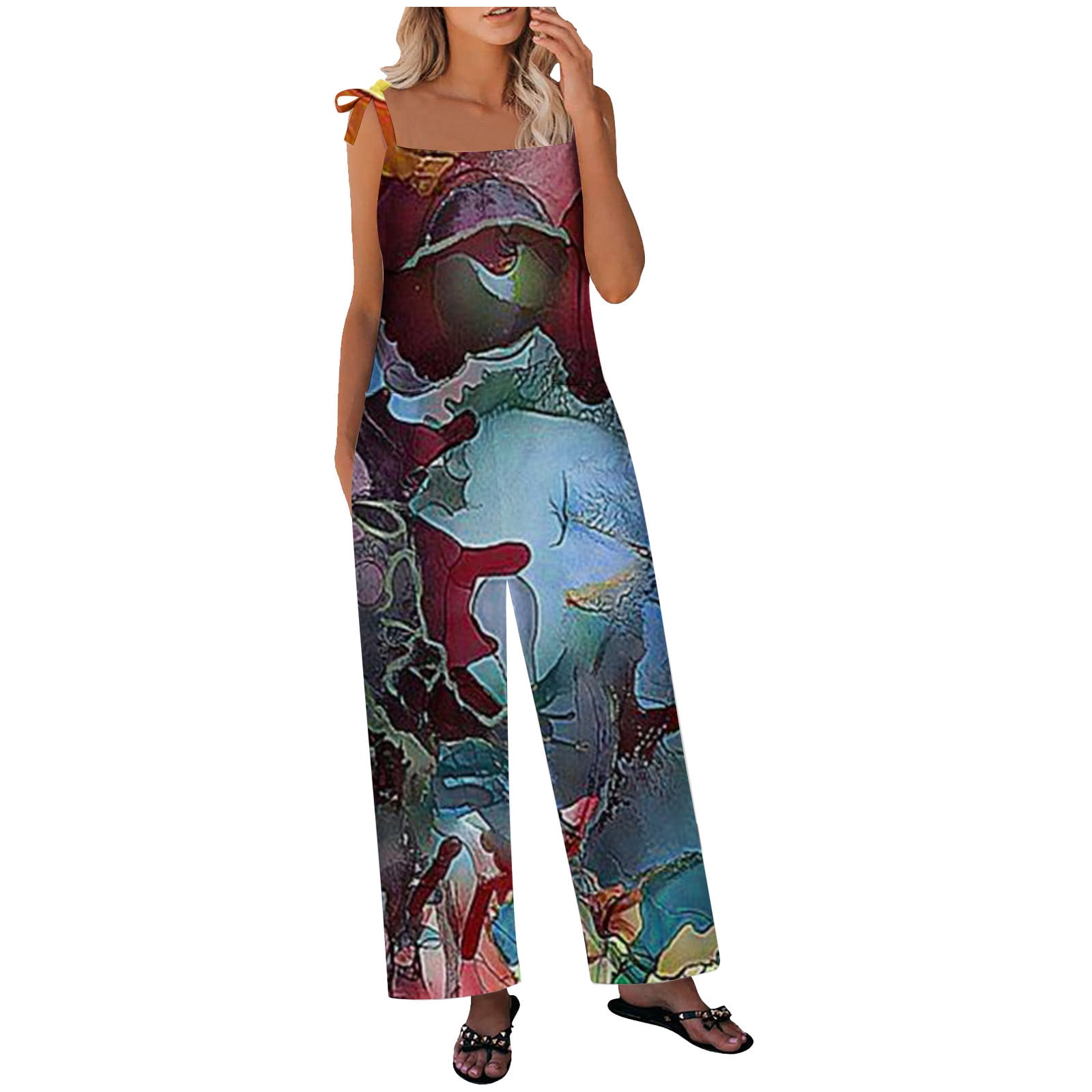 Sleeveless Jumpsuits for Women Loose Fit Tie Knot Straps Romper with