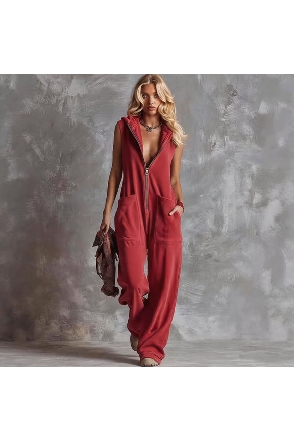 Sleeveless Jumpsuits for Women Zip up Stand Collar Wide Leg Rompers Loose Causal One Piece Overalls, S