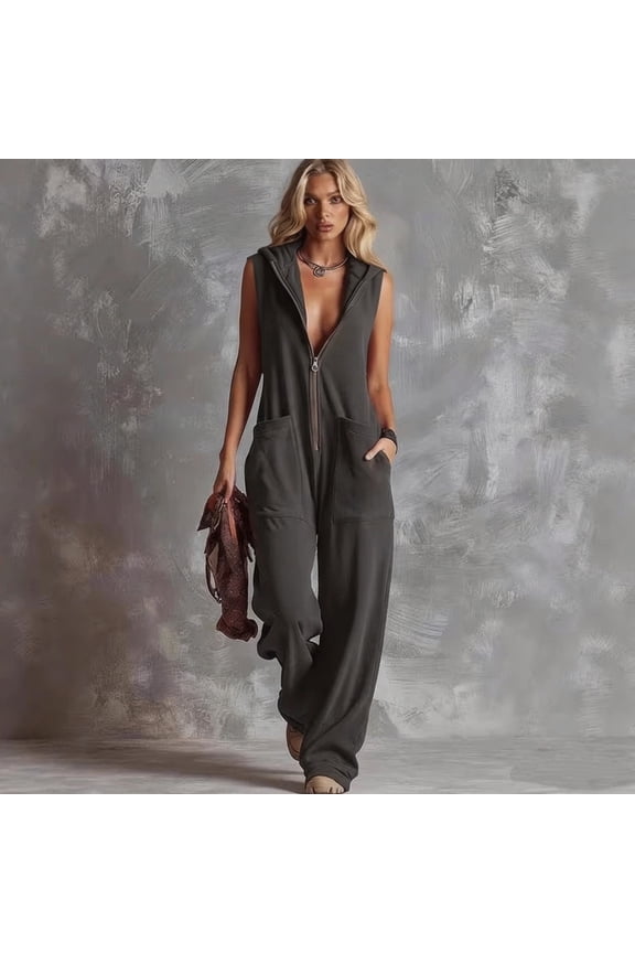 Sleeveless Jumpsuits for Women Zip up Stand Collar Wide Leg Rompers Loose Causal One Piece Overalls, S