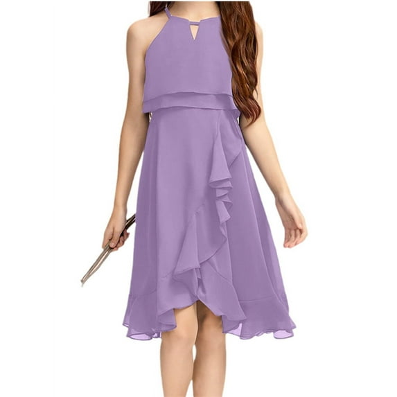 Sleeveless Kids Girls Halter Dress Children Chiffon Flared Knee-Length Gown