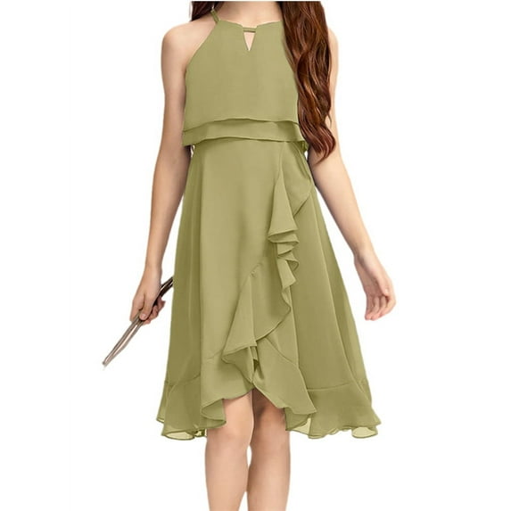 Sleeveless Kids Girls Halter Dress Children Chiffon Flared Knee-Length Gown
