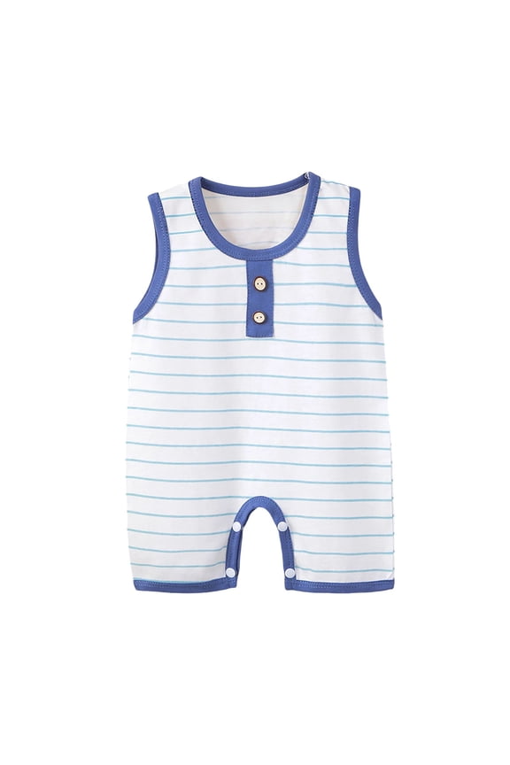Sleeveless Kids Romper 100% Cotton Blue Striped Unisex Snap Buttons Newborn Kids Summer Outfit 0-18 Months,Size 9-12 Months