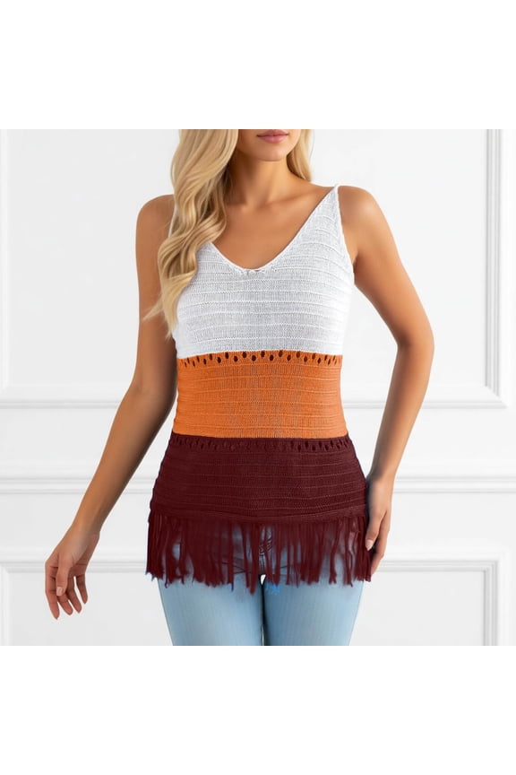 Sleeveless Knit Tennis Top with Color Blocking Tassel Detail for Casual Summer Lightweight Lined Knitwear with Versatile Styling Orange S