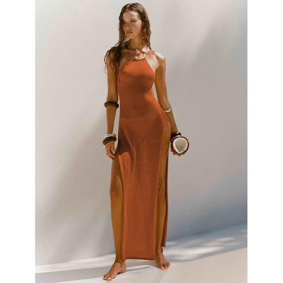 Sleeveless Knit Vacation-Style Dress for Women, Summer Long Dress with Beautiful Back, Beach Dress