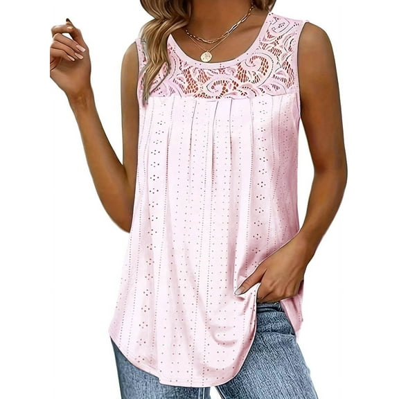 Sleeveless Lace Pleated Shirt Summer Shirt Tunic Top Pink XXL