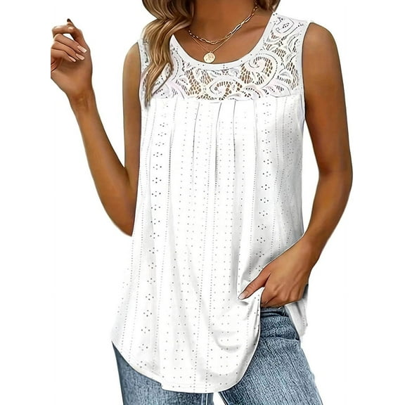Sleeveless Lace Pleated Shirt Summer Shirt Tunic Top White XL