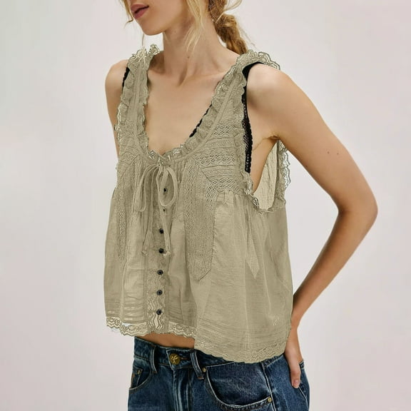 Sleeveless Lace Tank Tops Vacation Front Tie Mesh Chiffon Tops, Yellow M, Size S-L