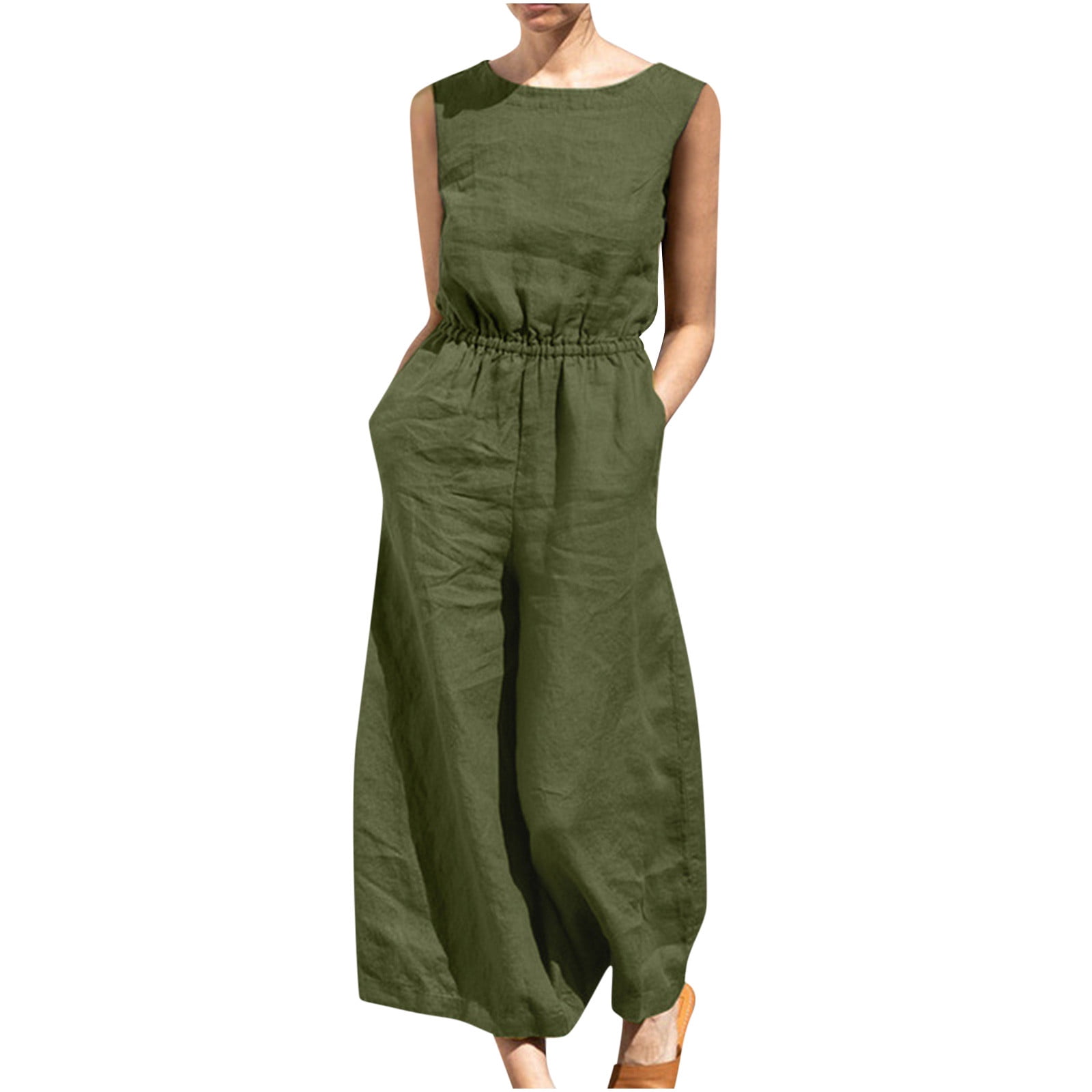 Sleeveless Linen Romper Jumpsuits Wide Leg Jumpsuit Rompers Pocket