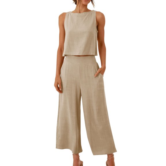 Sleeveless Linen Sets for Women Resort Casual Travel Vacation Outfits Women's Summer 2 Piece Outfits Sleeveless Tank Tops and Wide Leg Capris Pants Two Piece Matching Sets