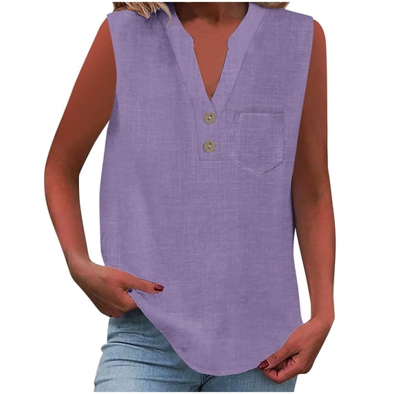 Sleeveless Linen Shirts for Women Button V-Neck Pocket Tee Casual Loose Solid Color Tank Top