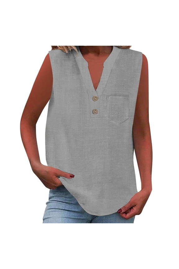 Sleeveless Linen Shirts for Women Button V-Neck Pocket Tee Casual Loose Solid Color Tank Top
