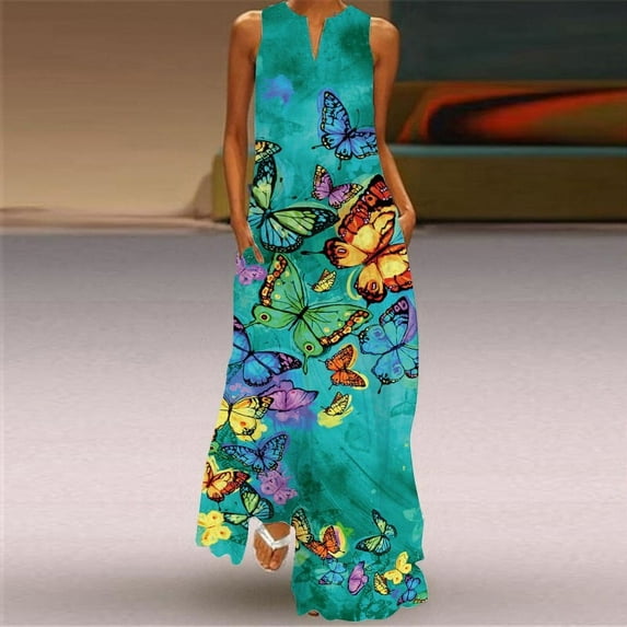 Sleeveless Long Dress Casual Beach Women Summer Dress Lady V Neck Butterfly Printed Dresses Elegant Women's Dress